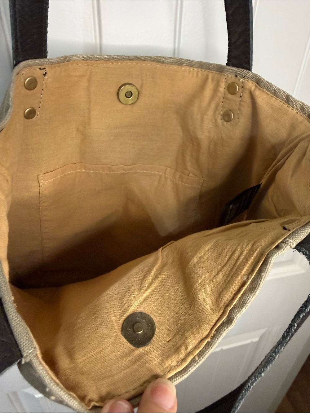 Canvas Hobo Tote in Olive with Black Handles and Green Accent Patch - Picture 6 of 8